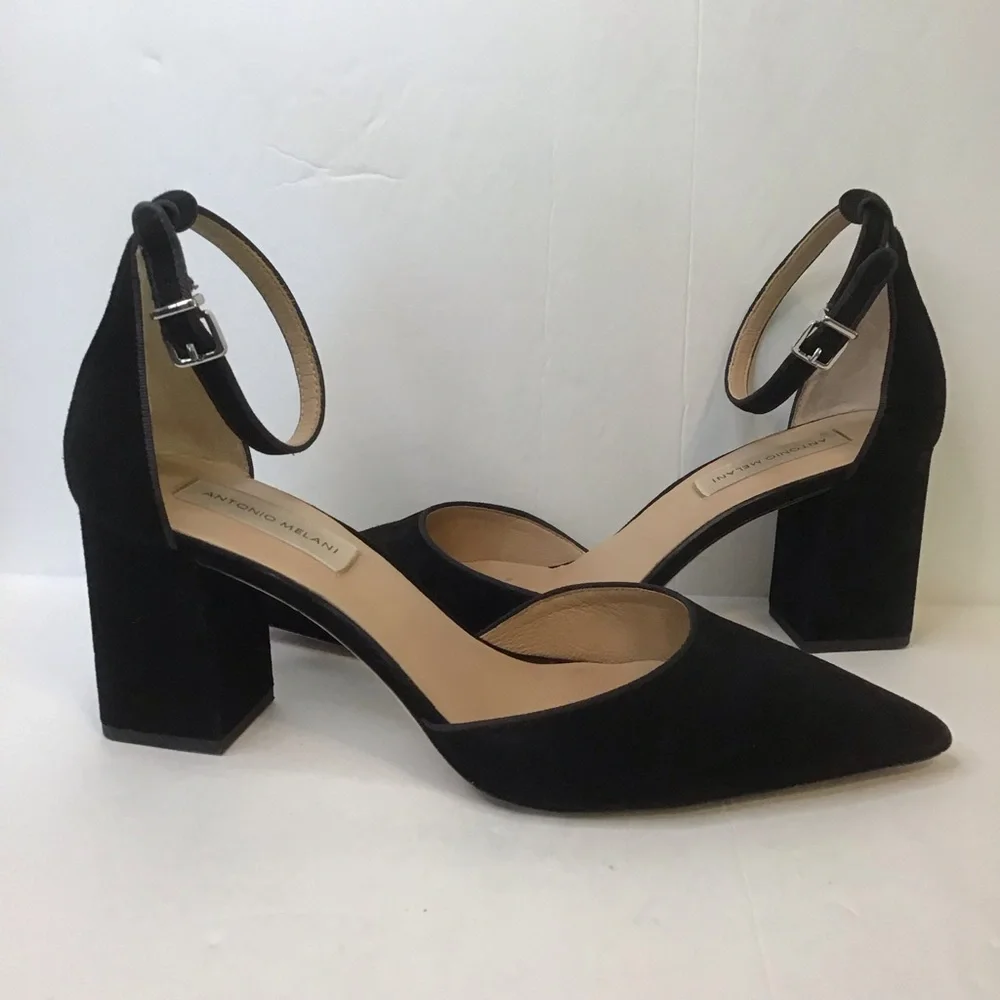 ANTONIO MELANI Women's Black Suede Ankle Strap Chunky Heels 10